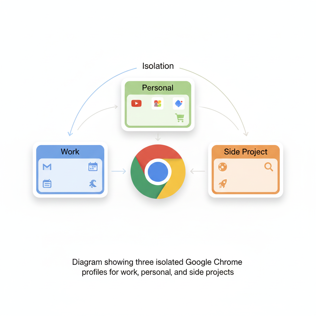 Diagram showing three isolated Google Chrome profiles for work, personal, and side projects