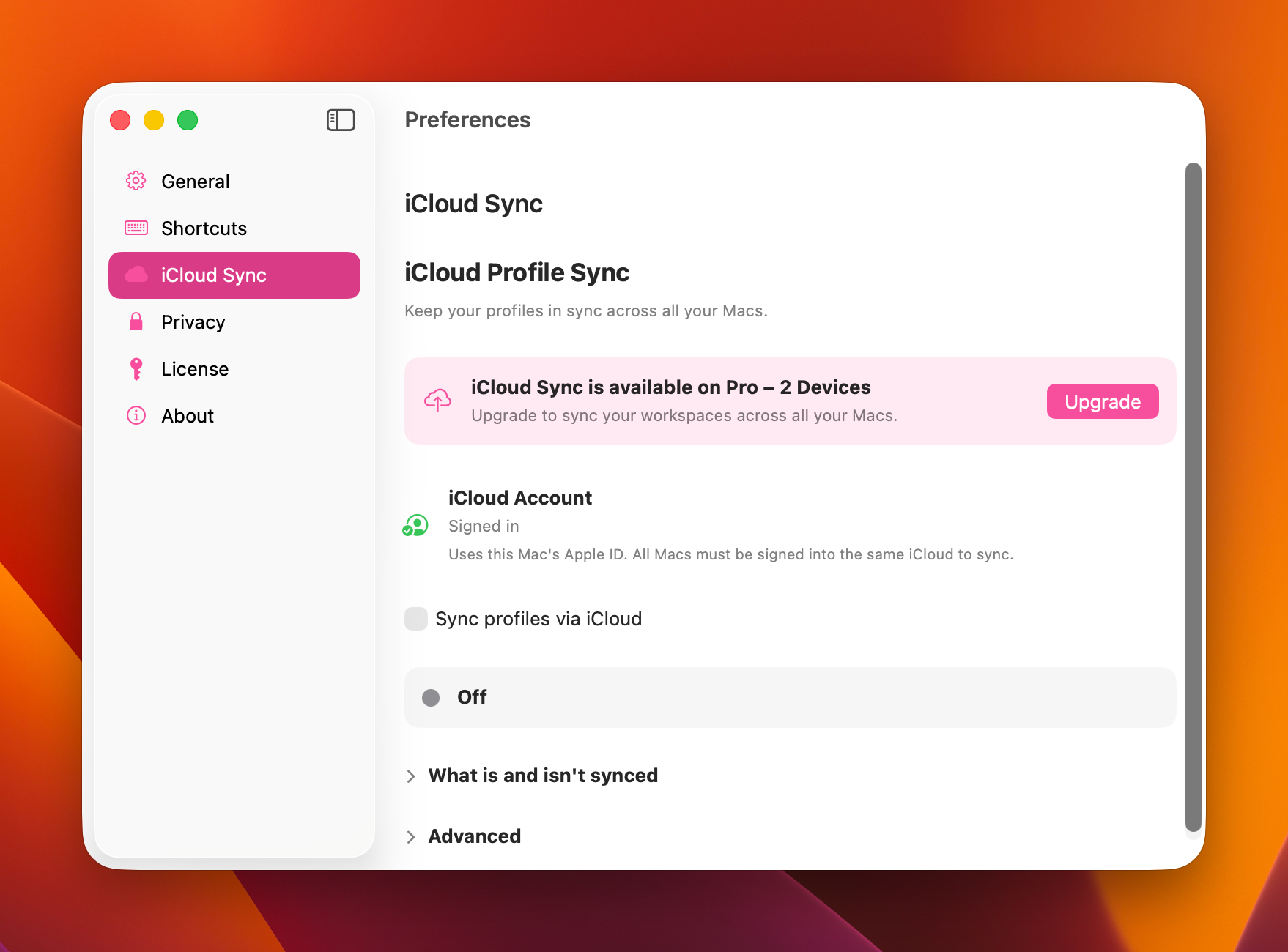 iCloud sync settings showing the toggle and status